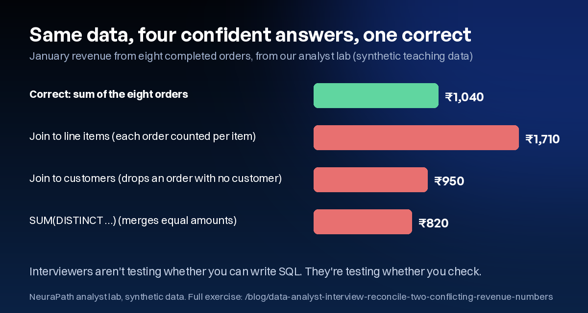 Our synthetic analyst lab: eight orders total ₹1,040, but three plausible SQL queries return ₹1,710, ₹950 and ₹820