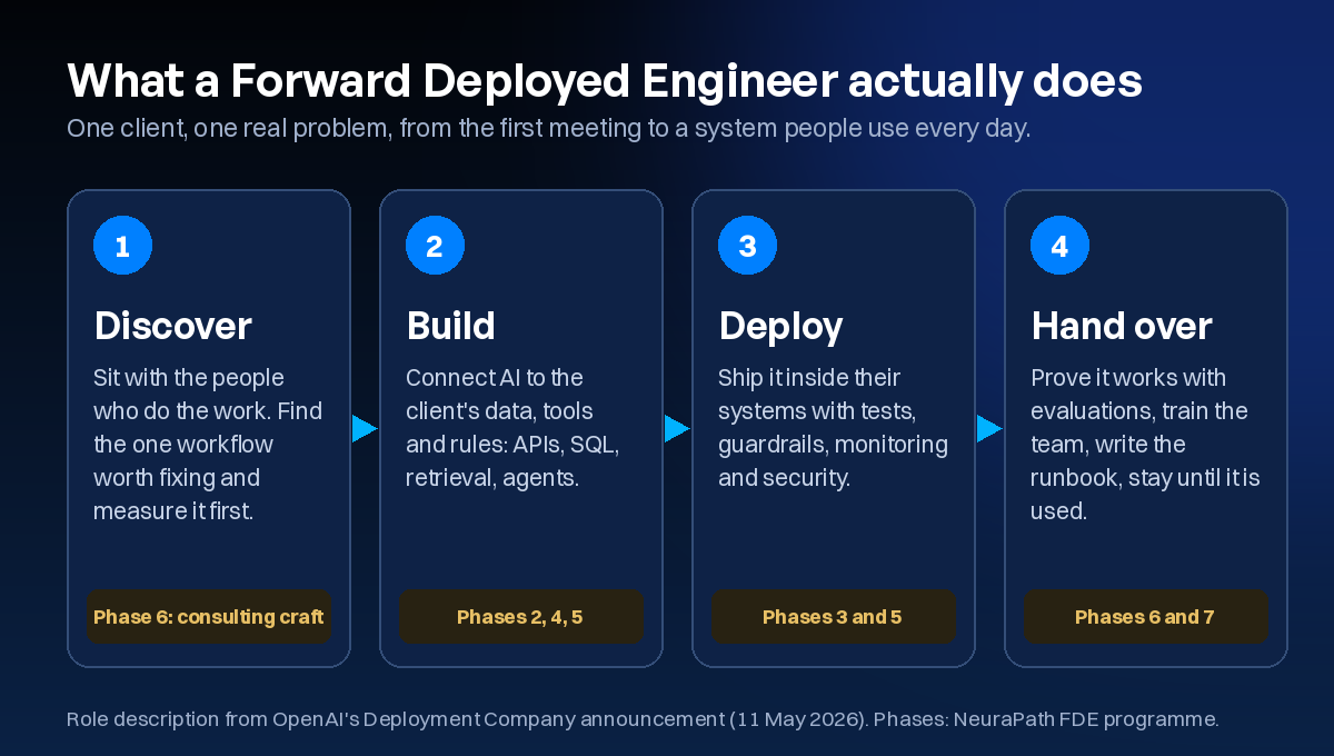 What a Forward Deployed Engineer does: discover the workflow worth fixing, build by connecting AI to the client's data and tools, deploy inside their systems with tests and guardrails, and hand over with evaluations, training and a runbook