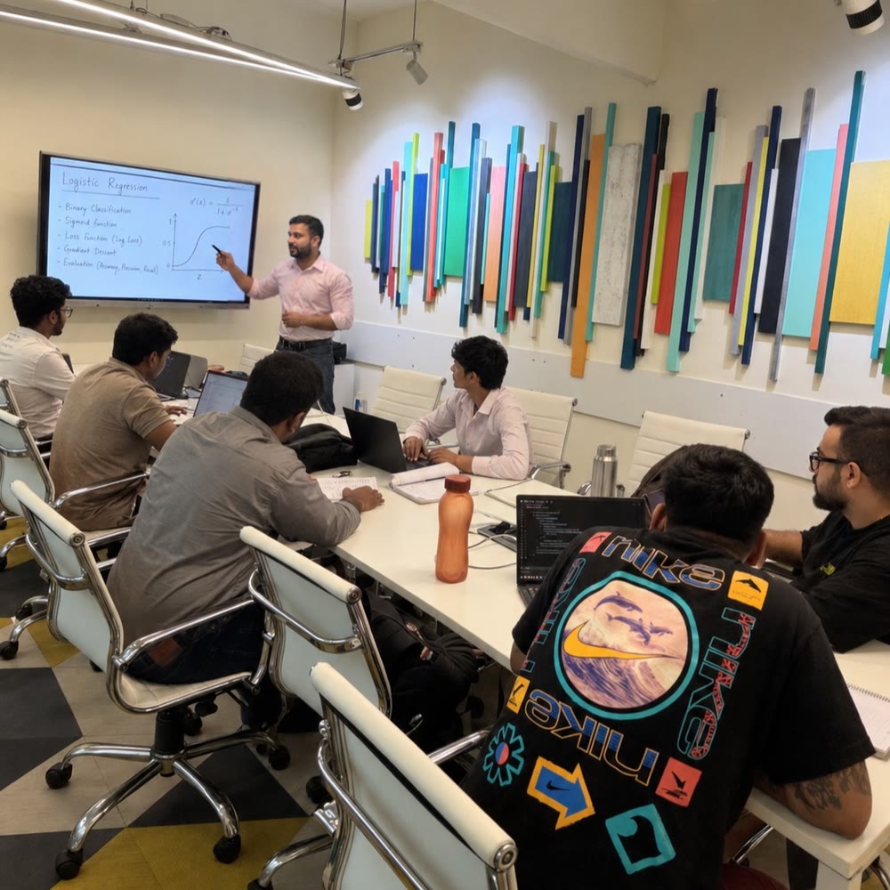 Pankit teaching logistic regression to a cohort of learners around a table